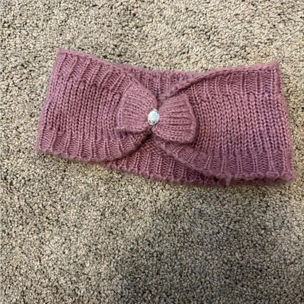 💜 Charming Charlie Purple Knit Headband Hat with Bow and rhinestone